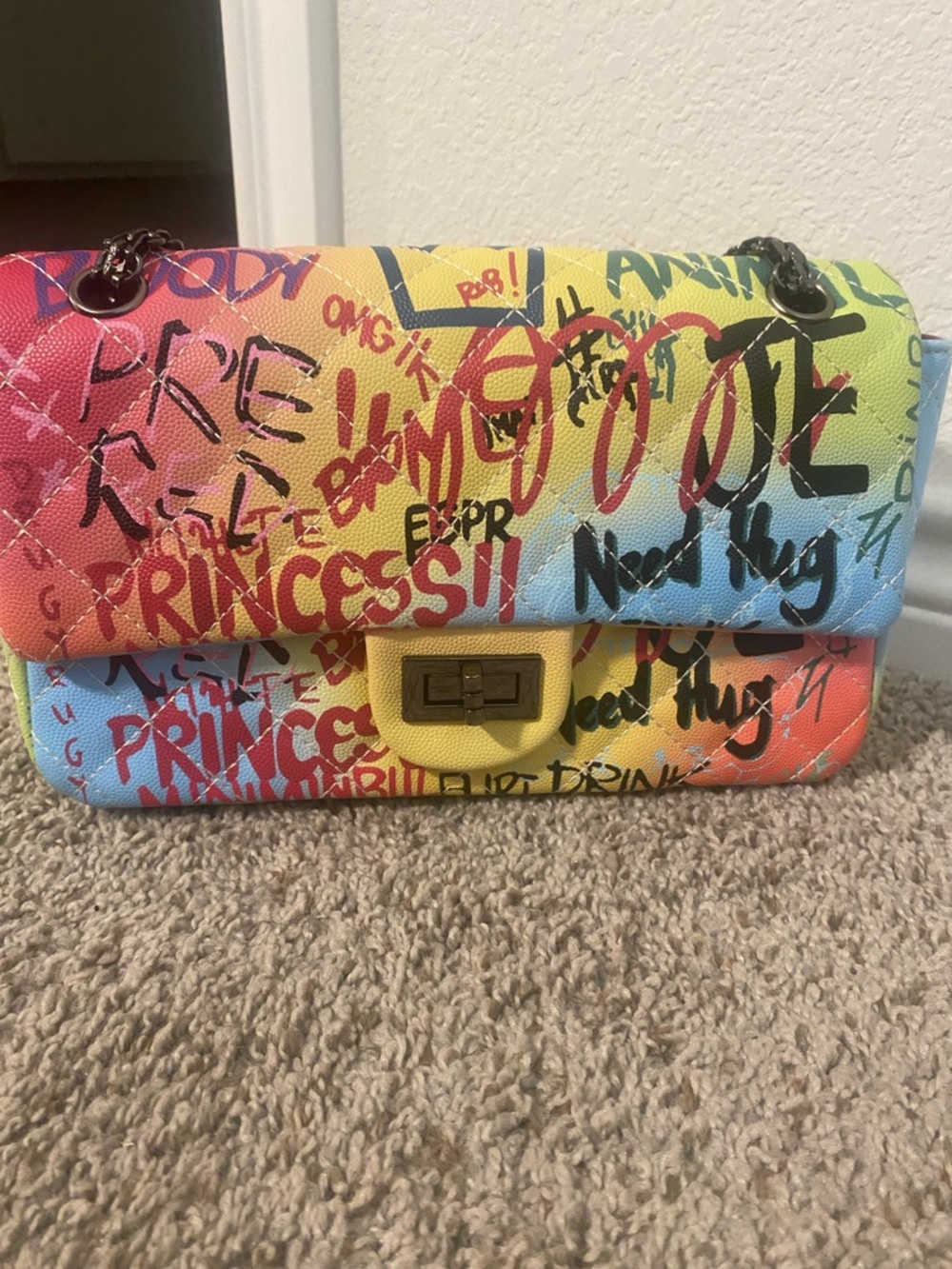 Colorful Graffiti Quilted Print Shoulder Bag - Yellow Accent - Picture 3 of 13